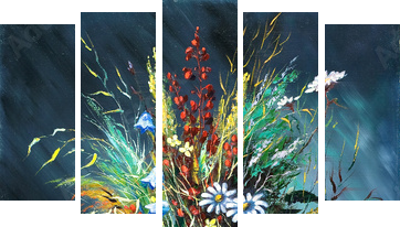 Bouquet of wild flowers in a vase - Fünfteiliges Leinwandbild, Pentaptychon