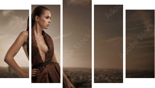 Sexy young beauty posing over urban background - Fünfteiliges Leinwandbild, Pentaptychon