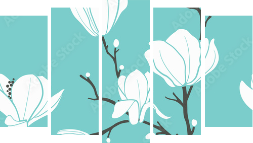 blue magnolia pattern - Fünfteiliges Leinwandbild, Pentaptychon