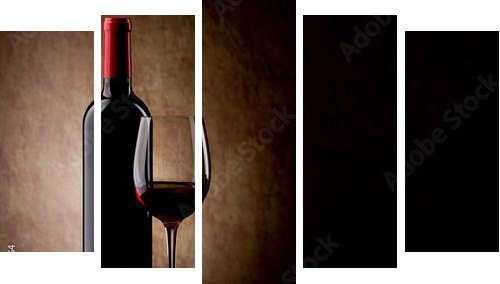 bottle with red wine and glass and grapes - Fünfteiliges Leinwandbild, Pentaptychon