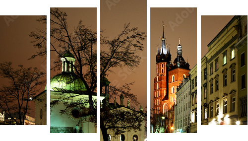 Night view of the Market Square in Krakow, Poland - Fünfteiliges Leinwandbild, Pentaptychon