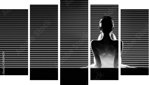 black and white back view artistic nude, on striped background - Fünfteiliges Leinwandbild, Pentaptychon