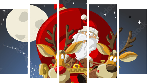 Santa-Claus on sleigh with reindeers - Fünfteiliges Leinwandbild, Pentaptychon