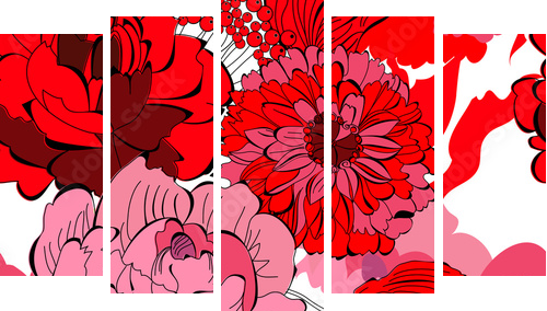 Seamless pattern with red flowers - Fünfteiliges Leinwandbild, Pentaptychon