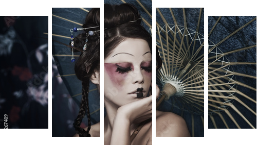 portrait of a beautiful white girl in geisha style - Fünfteiliges Leinwandbild, Pentaptychon