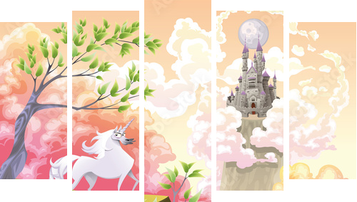 Unicorn and mythological landscape Vector illustration - Fünfteiliges Leinwandbild, Pentaptychon