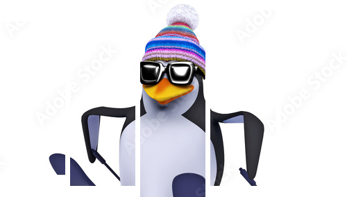 3d Penguin skiing like a pro - Fünfteiliges Leinwandbild, Pentaptychon