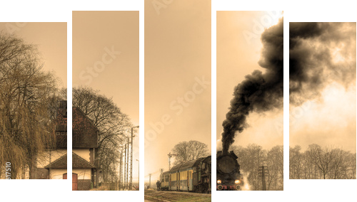 Old retro steam train - Fünfteiliges Leinwandbild, Pentaptychon