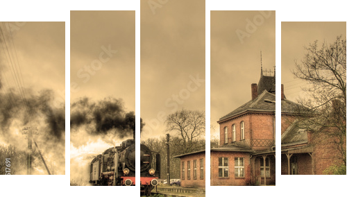 Old retro steam train - Fünfteiliges Leinwandbild, Pentaptychon