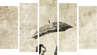 Girl with umbrella on bike Photo in old image style - Fünfteiliges Leinwandbild, Pentaptychon