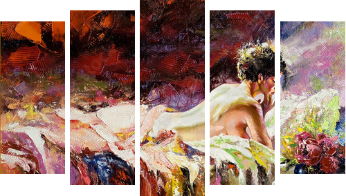 The naked girl laying on a bed - Fünfteiliges Leinwandbild, Pentaptychon
