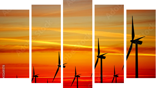 Wind turbines farm at sunset - Fünfteiliges Leinwandbild, Pentaptychon