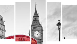 Red phone booth in London with the Big Ben in black and white - Fünfteiliges Leinwandbild, Pentaptychon