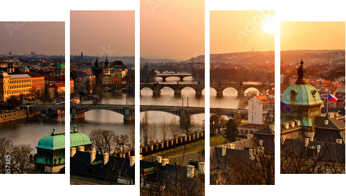 Panoramic view on Charles bridge and sunset Prague lights - Fünfteiliges Leinwandbild, Pentaptychon