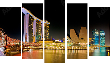 Marina Bay w Singapurze nocą
 - Fünfteiliges Leinwandbild, Pentaptychon