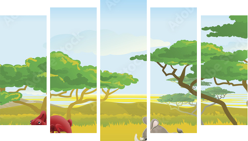 Cute African safari animal cartoon scene - Fünfteiliges Leinwandbild, Pentaptychon