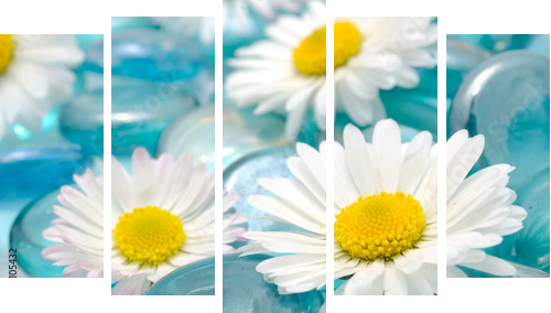 Daisy Flowers on Blue Glass Stones - Fünfteiliges Leinwandbild, Pentaptychon