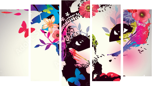 Girl with mask/Vector illustration - Fünfteiliges Leinwandbild, Pentaptychon