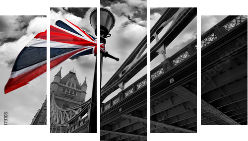 London Tower Bridge with colorful flag of England - Fünfteiliges Leinwandbild, Pentaptychon