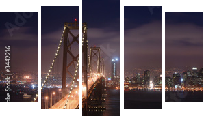 Nocna panorama Bay Bridge w San Francisco
 - Fünfteiliges Leinwandbild, Pentaptychon