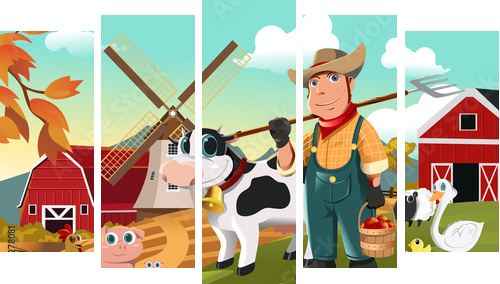 Farmer at the farm with animals - Fünfteiliges Leinwandbild, Pentaptychon