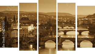 View at The Charles Bridge  and Vltava river, Sepia - Fünfteiliges Leinwandbild, Pentaptychon