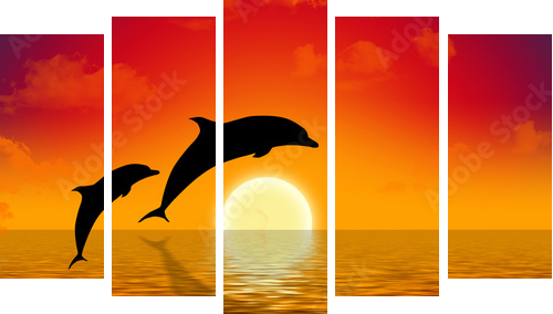 illustration of two dolphins swimming in sunset - Fünfteiliges Leinwandbild, Pentaptychon
