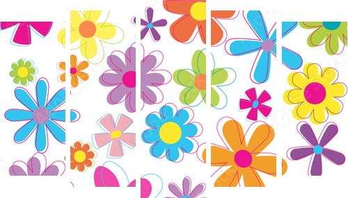 Multicolored retro styled flowers - Fünfteiliges Leinwandbild, Pentaptychon