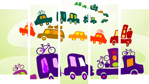 cars caravan, Group of kids playing in a landscape - Fünfteiliges Leinwandbild, Pentaptychon