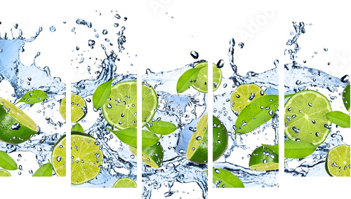 Fresh limes in water splash,isolated on white background - Fünfteiliges Leinwandbild, Pentaptychon