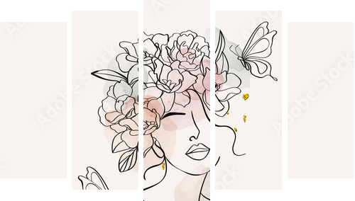 Women and flowers line art. Girl with flowers and leaves one line vector drawing. Portrait continuous line art drawing for prints, tattoos, cosmetics, fashion, Beauty salon and wall home decoration. - Fünfteiliges Leinwandbild, Pentaptychon