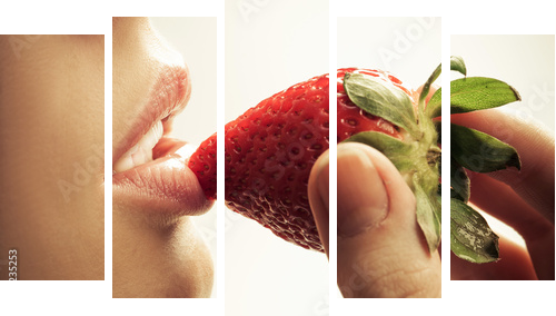 sensual mouth and strawberry - Fünfteiliges Leinwandbild, Pentaptychon