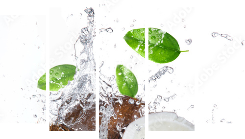 cracked coconut with splashing water - Fünfteiliges Leinwandbild, Pentaptychon