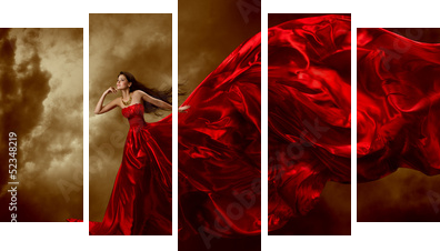 Woman in red waving beautiful dress with flying fabric  - Fünfteiliges Leinwandbild, Pentaptychon