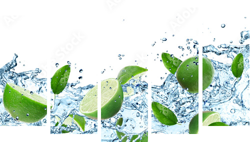 Limes and Splashing water over white - Fünfteiliges Leinwandbild, Pentaptychon