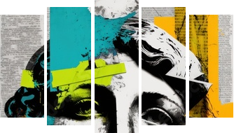 modern collage of antique statue with news paper style parts, and colored paint strokes, AI generated - Fünfteiliges Leinwandbild, Pentaptychon
