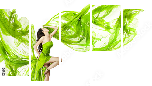 Woman dancing in green dress, fluttering waving fabric  - Fünfteiliges Leinwandbild, Pentaptychon