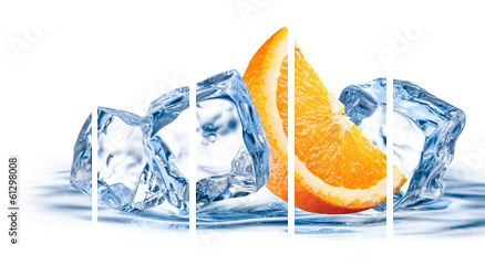 Orange fruit with ice isolated on white background - Fünfteiliges Leinwandbild, Pentaptychon