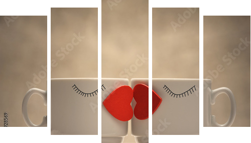 Two coffee cups with red hearts as a kissing lips  - Fünfteiliges Leinwandbild, Pentaptychon