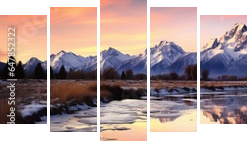 Captured in breathtaking panorama, the mountain range reveals its regal beauty under the canvas of a sunset sky. - Fünfteiliges Leinwandbild, Pentaptychon