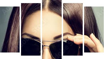 Beauty model girl with long brown hair wearing sunglasses  - Fünfteiliges Leinwandbild, Pentaptychon