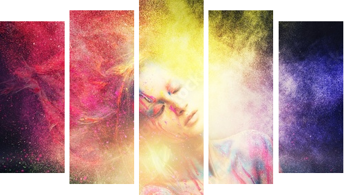 Woman muse with creative body art and hairdo  - Fünfteiliges Leinwandbild, Pentaptychon