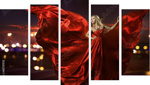 woman dancing in silk dress, artistic red blowing gown waving  - Fünfteiliges Leinwandbild, Pentaptychon