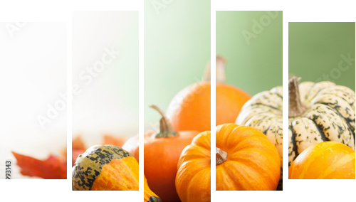 decorative mini pumpkins on wooden background  - Fünfteiliges Leinwandbild, Pentaptychon