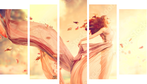 Autumn fantasy girl, fairy in blowing chiffon dress  - Fünfteiliges Leinwandbild, Pentaptychon