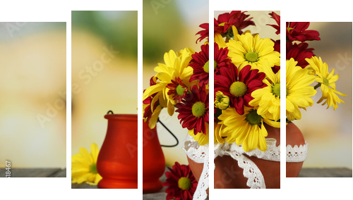 Beautiful chrysanthemum in pot with candlestick  - Fünfteiliges Leinwandbild, Pentaptychon