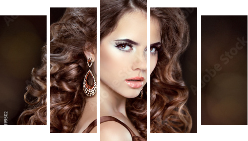 Beautiful fashion woman model with wavy long hair and fashion ea  - Fünfteiliges Leinwandbild, Pentaptychon