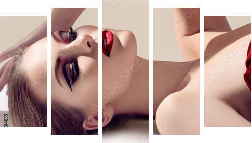 Beautiful young model with red lips. Gorgeous Woman Face.  - Fünfteiliges Leinwandbild, Pentaptychon