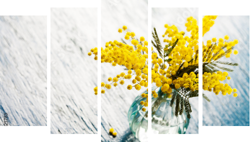 Bouquet of mimosa (silver wattle) in vase on wooden background  - Fünfteiliges Leinwandbild, Pentaptychon