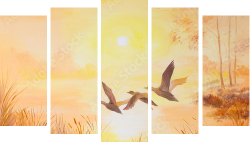 oil painting - Cranes at sunset, art work - Fünfteiliges Leinwandbild, Pentaptychon